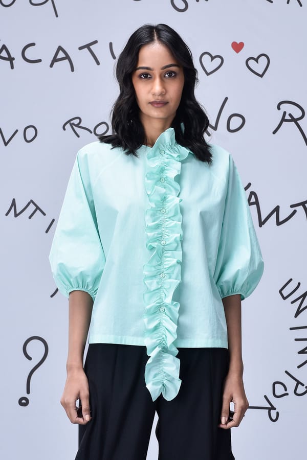 Nile Green Ruffle Front Relaxed Fit Cotton Poplin Top — Genes Lecoanet Hemant