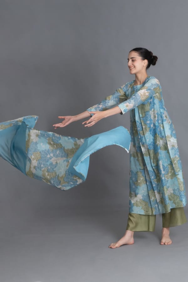 Ocean Blue Floral Print Dress Co-ord with Scraff — Khat