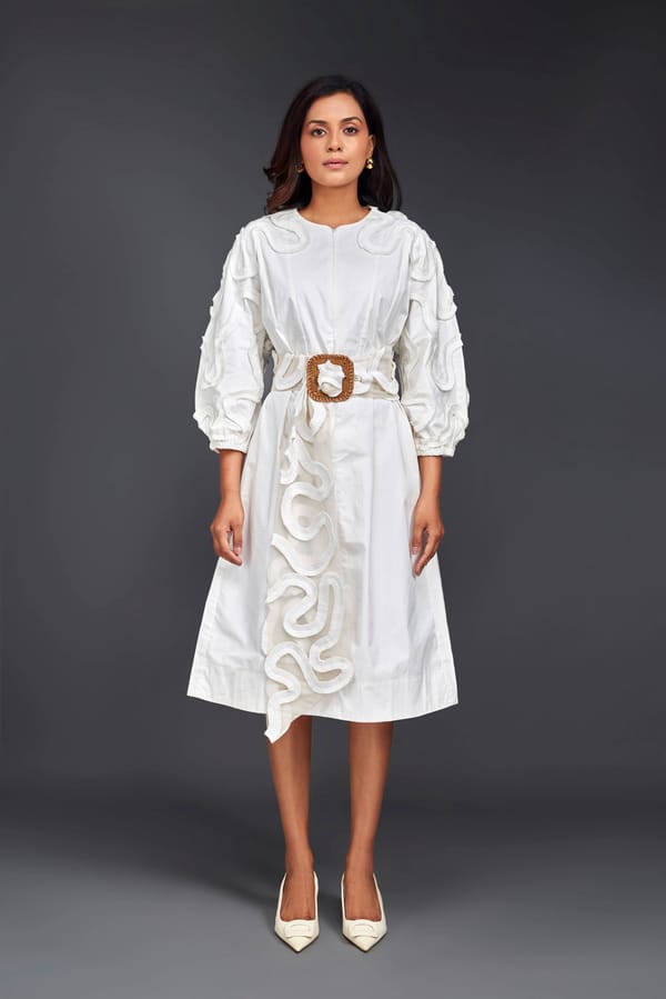 MIDI DRESS WITH PLEATED FRILL DETAILING ON SLEEVES COMES WITH BELT — Deepika Arora