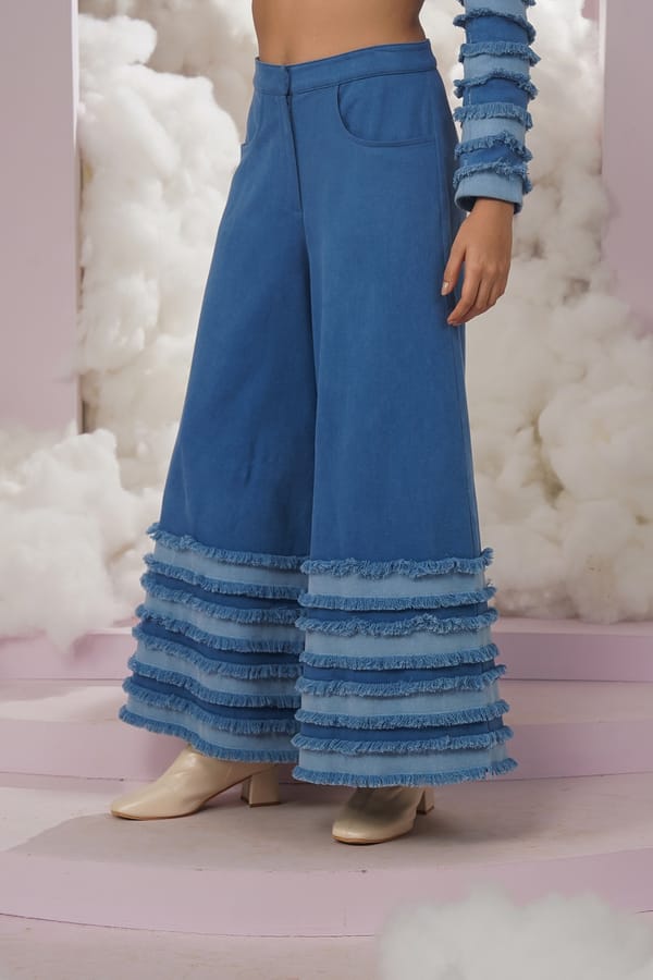 Blue High-Rise Wide-Leg Denim Jeans with Tiered Hem — Chöjé