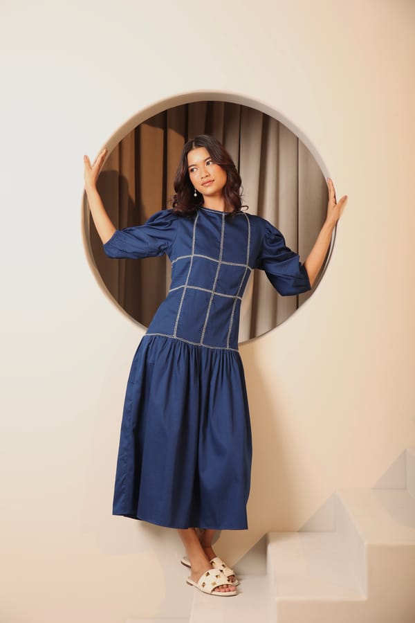 Navy Blue Cotton Satin Embroidered Seam Midi Dress — MANVI DAGA STUDIO