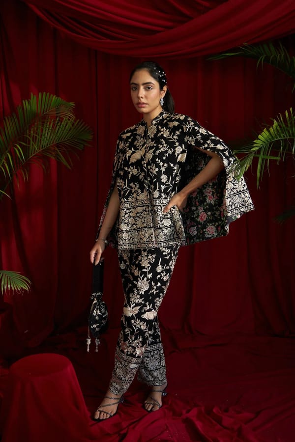 Black Gara Embroidered Cape Jacket — TASUVURE