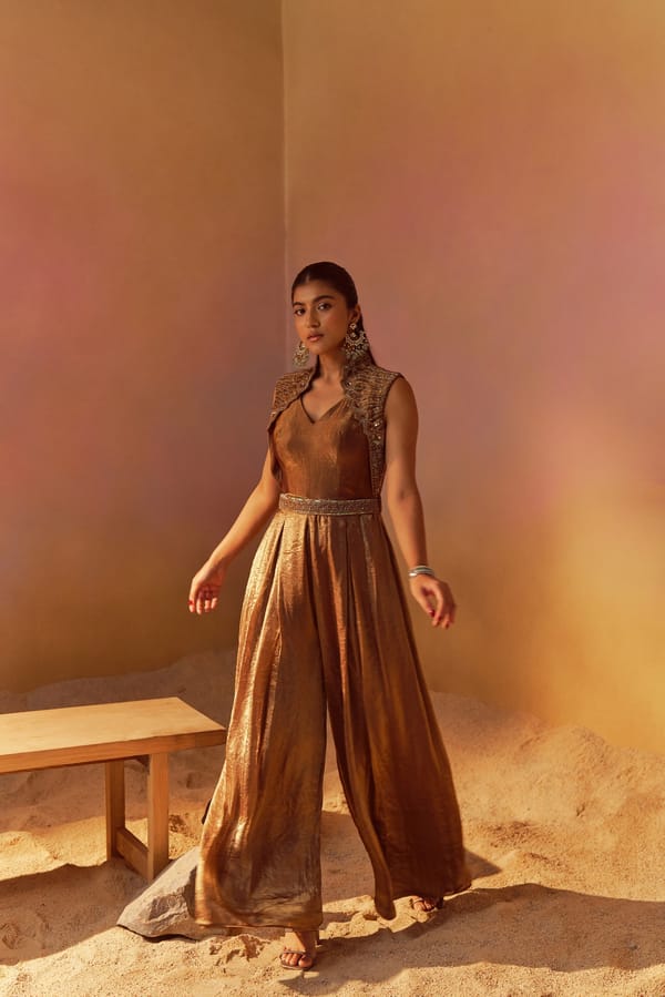 Shimmer Gold Tissue Silk Wide-Leg Jumpsuit with Belt — QUNIC