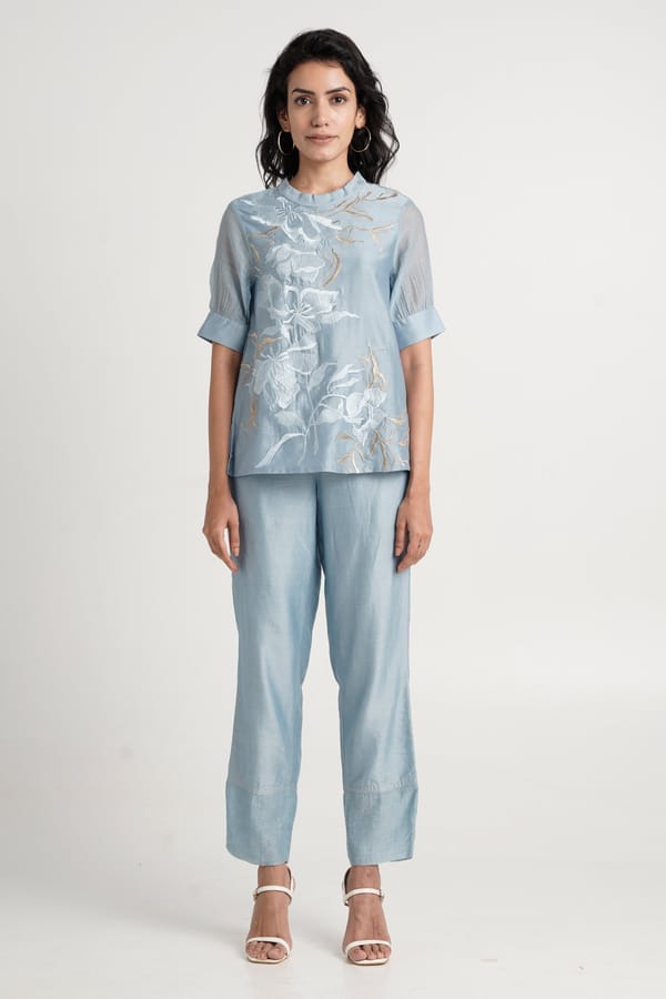 Pacific Blue Embroidered Back Tie-Up Co-ord Set — Madder Much