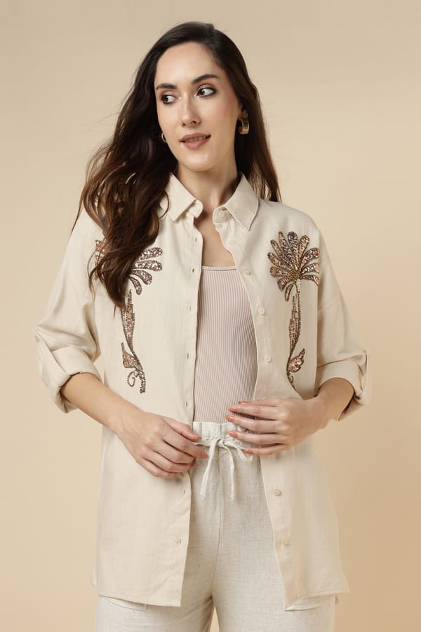 Natural Beige Embellished Longline Cotton Shirt — BURRASCA