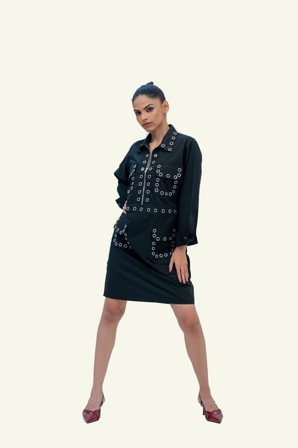 Black Cotton Dress with Eyelets — Richa Goenka