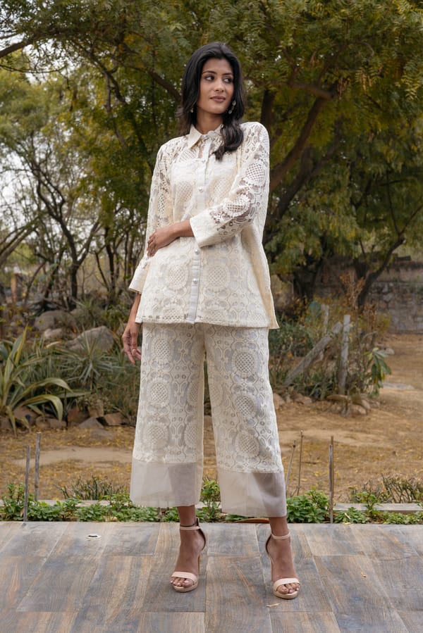Off-White Cotton Lace Shirt and Pants Co-ord Set — Chakkraa