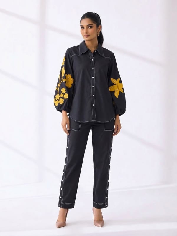Beige Hibiscus Embroidery Coord Set With Button Pant — RUCHIKA MALLIKA LABEL