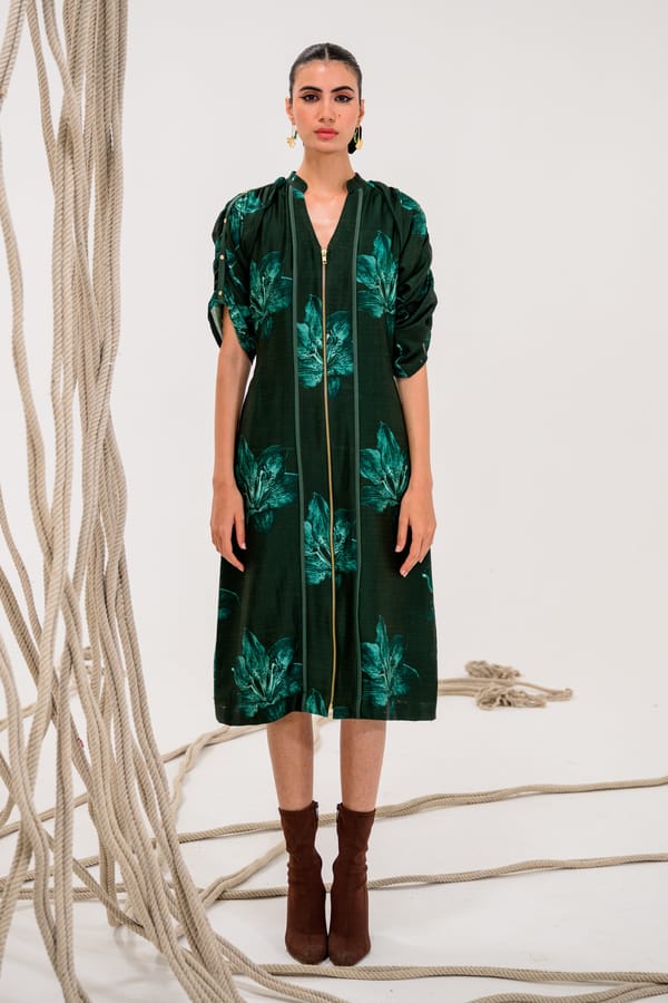 Dark Green Floral Zip-Front Silk Midi Dress — The Dramebaaz Company
