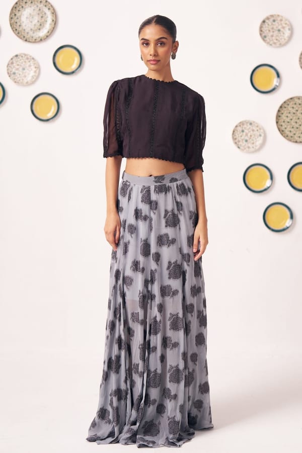Black Textured Crop Top & Grey Printed Maxi Skirt Co-Ord Set — Western Era
