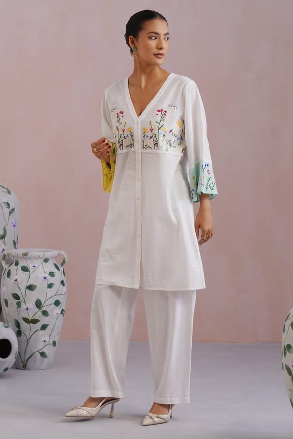 Botanical Embroidered Cotton Linen Kurta Set — KORAH STITCH