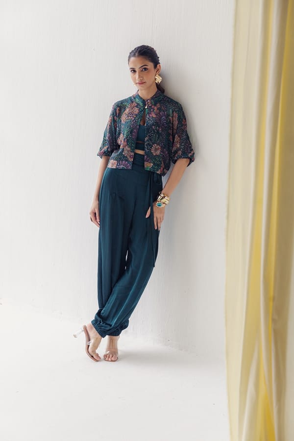 Green 3-Piece Co-ord Set with Printed Bomber Jacket — LABEL NAARITI