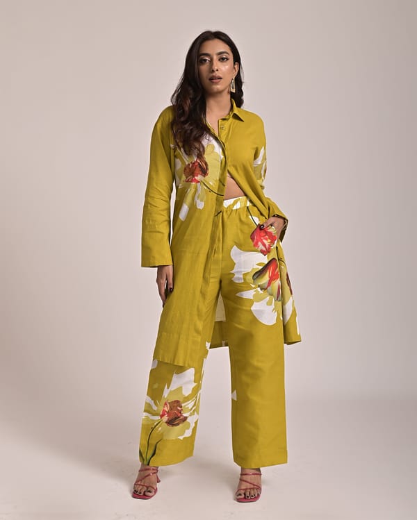 Olive Mustard Floral Printed Wide-Leg Trousers — Missy Co.