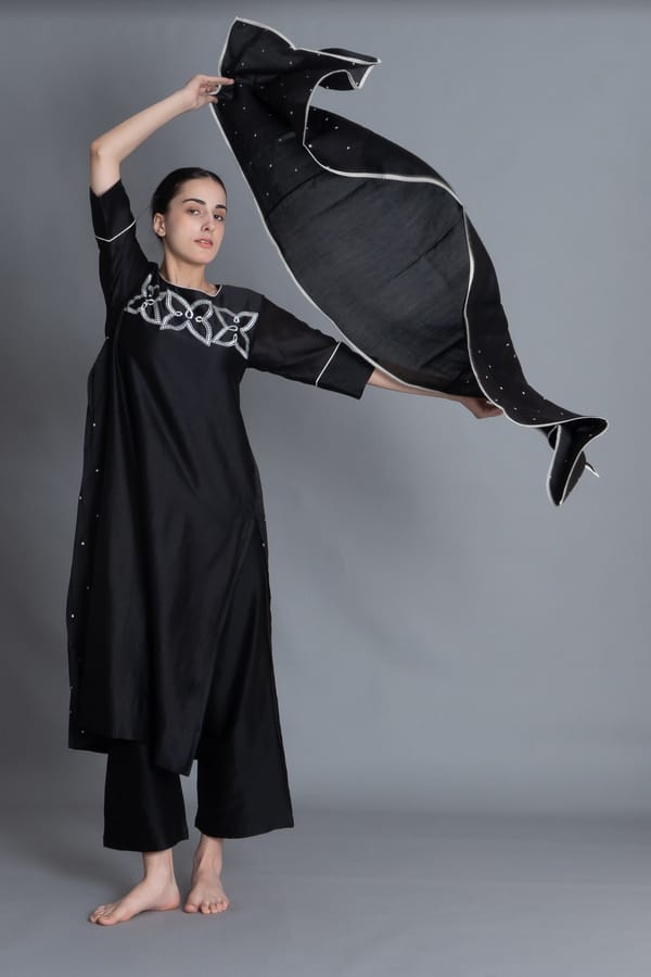 Black Floral Embroidered Dress Co-ord with Scraff — Khat