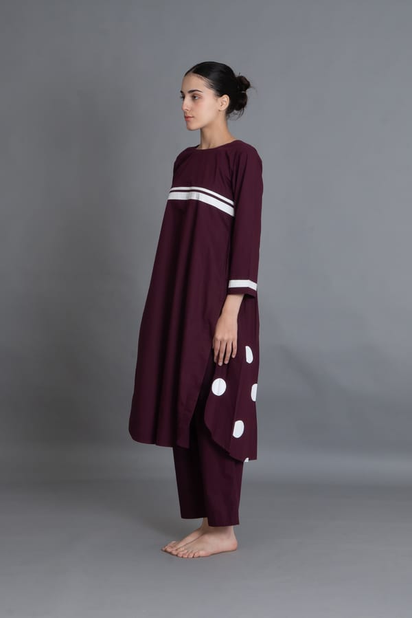 Maroon Polka Pleated Back Dress Co-ord — Khat