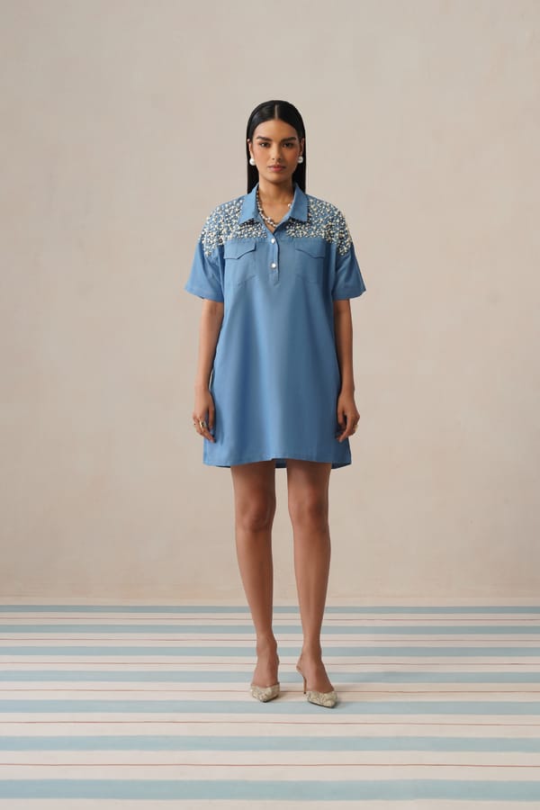 Blue Pearl-Embellished Denim Mini Shirt Dress — Armoire