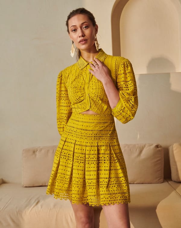 Lime Green Schiffli Cutwork Fit and Flare Mini Dress — Style Island