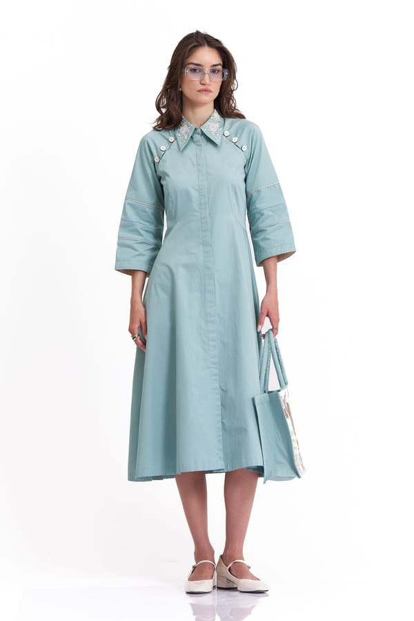 Plume Blue Cotton Satin Fit and Flare Midi Dress — Our Love