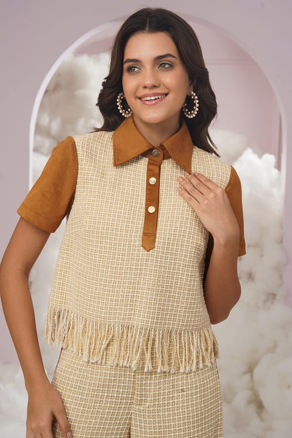 Beige Tweed Colorblock Collared Top with Fringe Hem — Chöjé