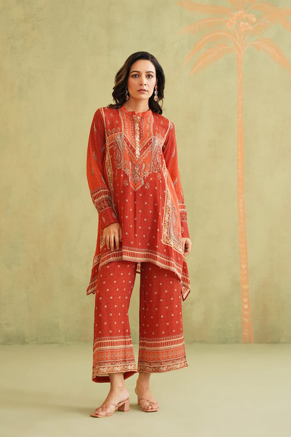 Terracotta Printed Tunic and Wide-Leg Pants Co-ord Set — NEETIKA CHOPRA