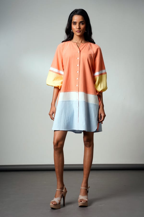Pastel Colorblocked Handloom Cotton Mini Shirt Dress — Madder Much