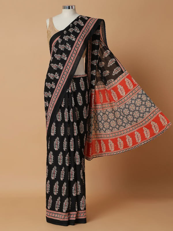 Black Cotton Saree Block Print Designs Rozaana — BINKS