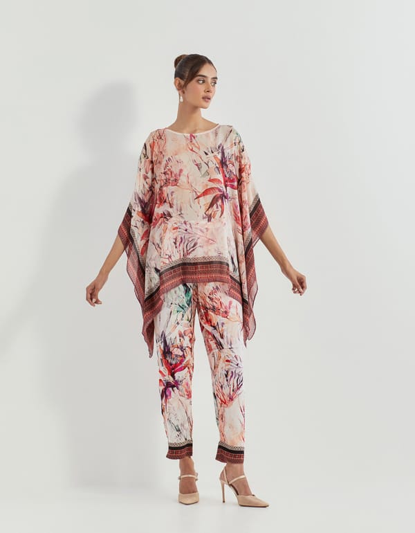 Pink Printed Poncho Top and Tapered Pants Co-ord Set — Kavita Bhartia
