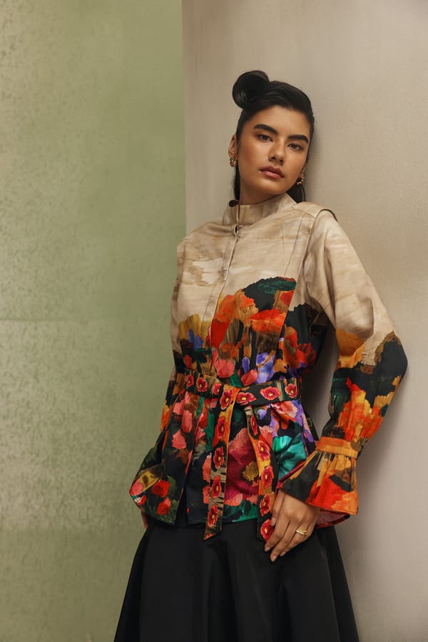 Beige Painterly Printed Cotton Satin Shirt with Belt — SHOP NOIB