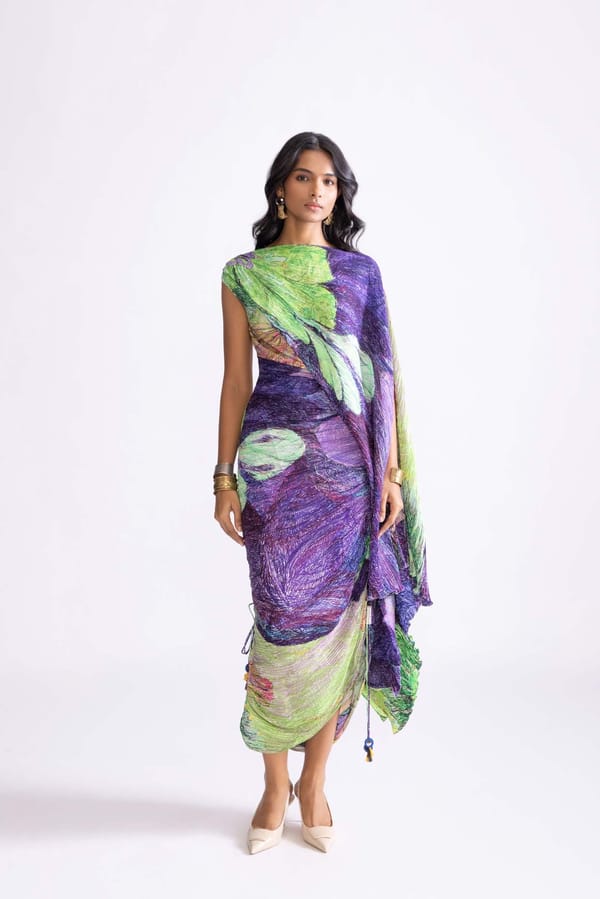 Green/Purple Satin Micro-Pleat Kaftan Midi Dress — Saaksha and Kinni