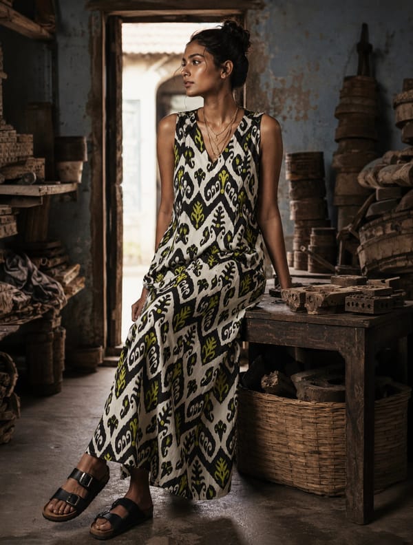Blck White Ikat Print Cotton Sleeveless Long Dress — Truebrowns