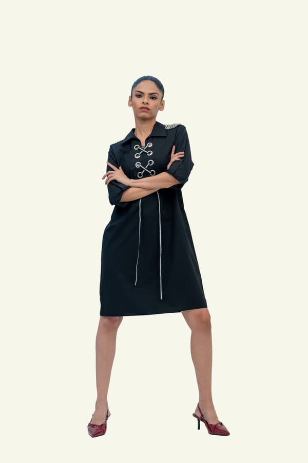 Black Cotton Denim Dress with Embroidery — Richa Goenka