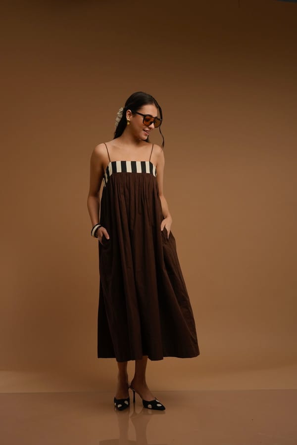Brown Smock Midi Dress with Striped Yoke — D Mak