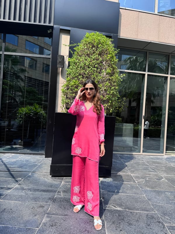 Rose Pink Embroidered Kurta and Pant Set — GAURI D APPARELS