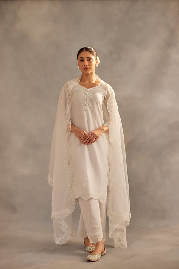 Egg White Embroidered Chanderi Suit Set with Organza Dupatta — NARAYANI VASTRA
