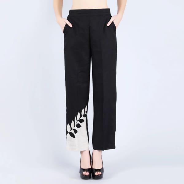 Black Straight-Leg Linen Trousers with Contrast Hem Motif — Linen Bloom