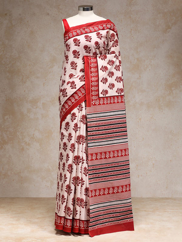 Bright Red White Handblock Printed Vanspati Mulmul — BINKS