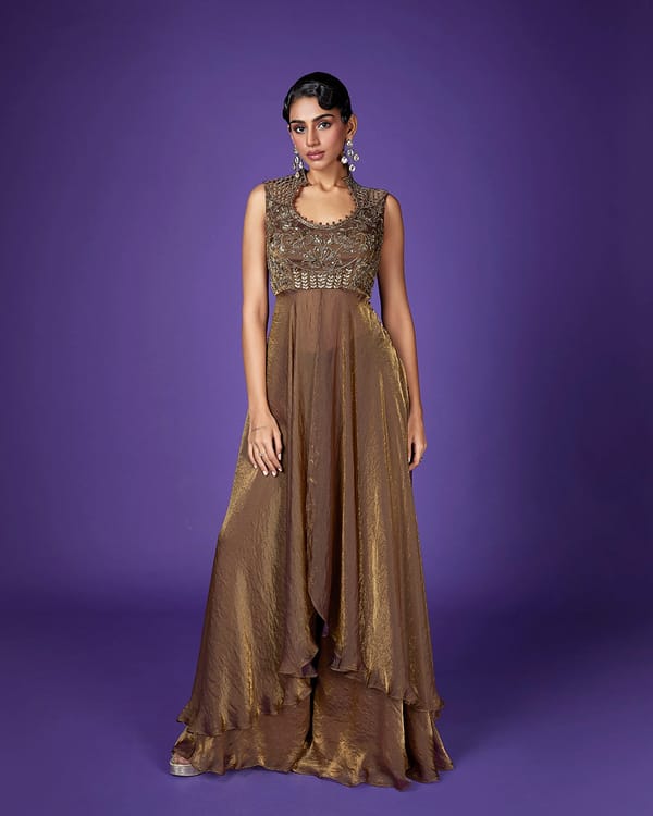 Antique Gold Shimmer Tissue Embroidered Co-ord Set — QUNIC