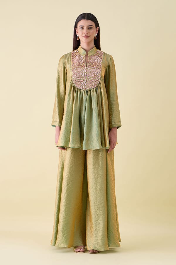 Green Dual Silk Embellished Umbrella Co-ord Set — Aakaar