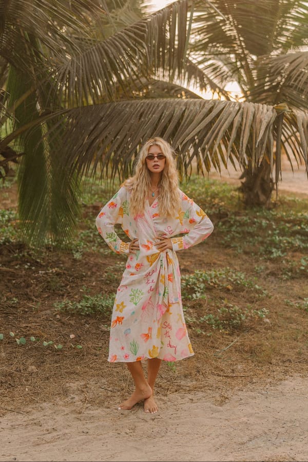 White Printed Linen Wrap Shirt with Tie-Up Waist — Label Sugar