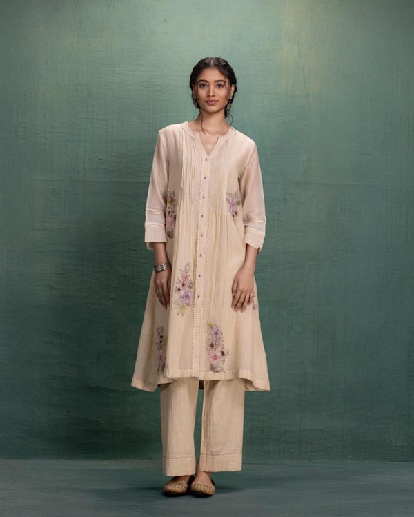Cream Chanderi Embroidered Kurta and Pant Co-ord Set — Kahani Lush