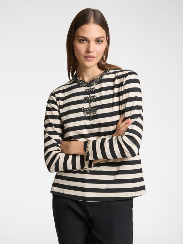 Black and White Striped Embellished Long Sleeve T-Shirt — ELENA MIRO