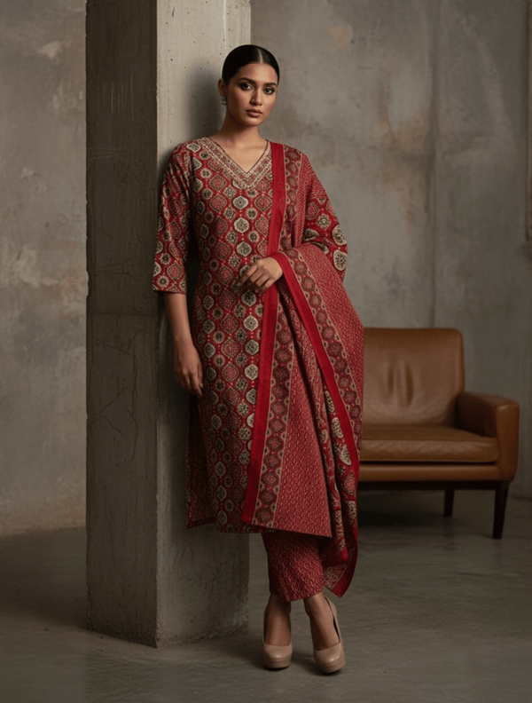 Print Embroidered V-Neck Kurta Pant Dupatta Set — Truebrowns