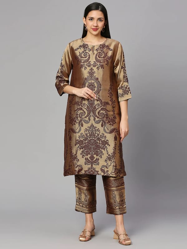 Brown Gold Metallic Brocade Straight Kurta — Cloth Haus