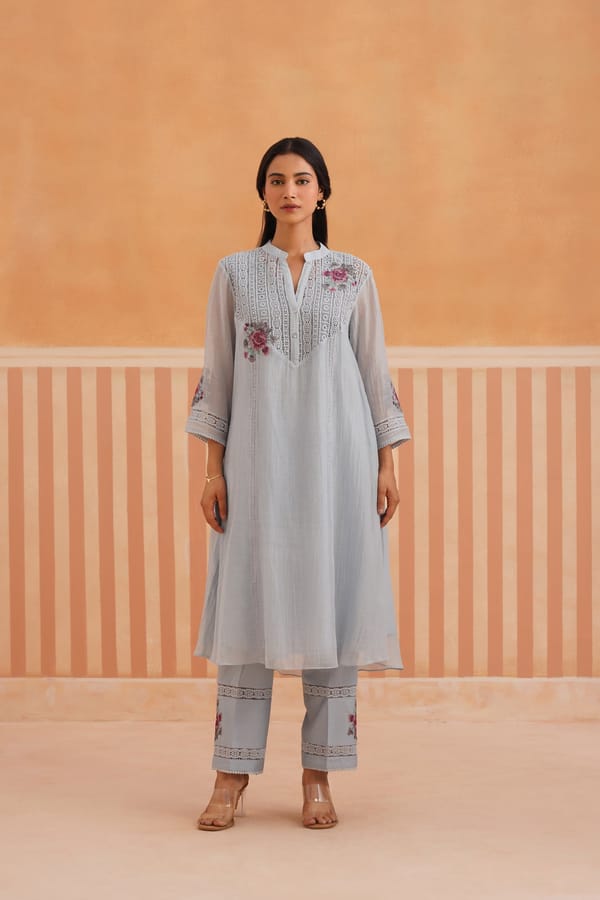 Mul Chanderi Kurta Set with V-Lace Yoke — Omi Clothing