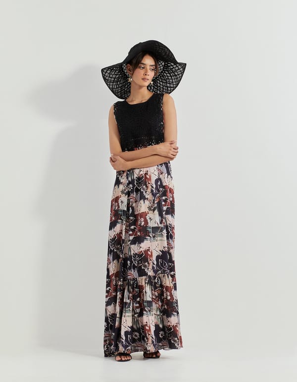 Black Abstract Print Modal Satin Maxi Dress — Kavita Bhartia