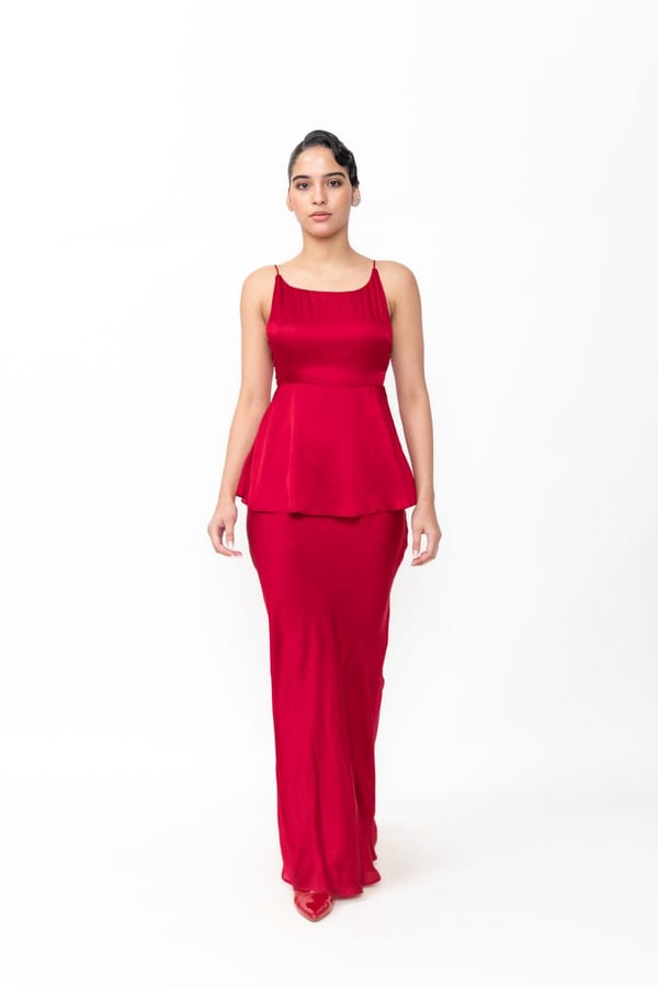 Red Viscose Satin Slim-Fit Maxi Skirt — Contemponari