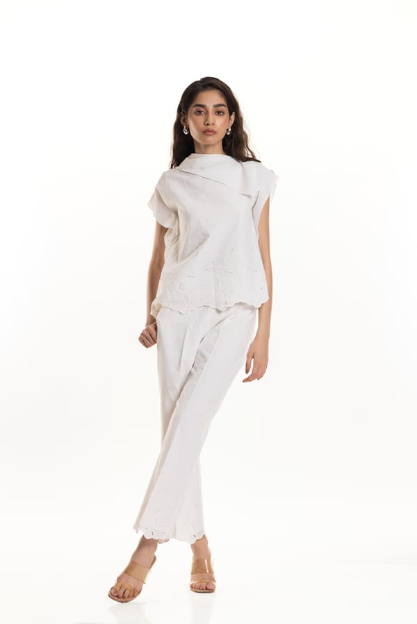 White Cotton Schiffli Drape Top with Scalloped Hem — Studio MuGu