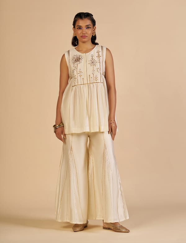 Off White Chanderi Flared Gharara Trousers — Gulabo by Abu Sandeep