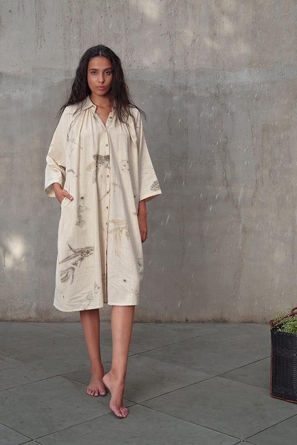 Off-White Khadi Cotton Eco-Print Tent Midi Shirt Dress — ALTER NATIVE