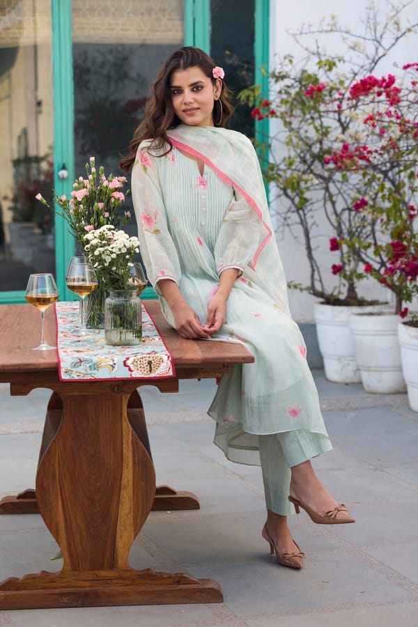Ice Blue Hand-Painted Floral Silk Chanderi Kurta Set — Trendy Tokari